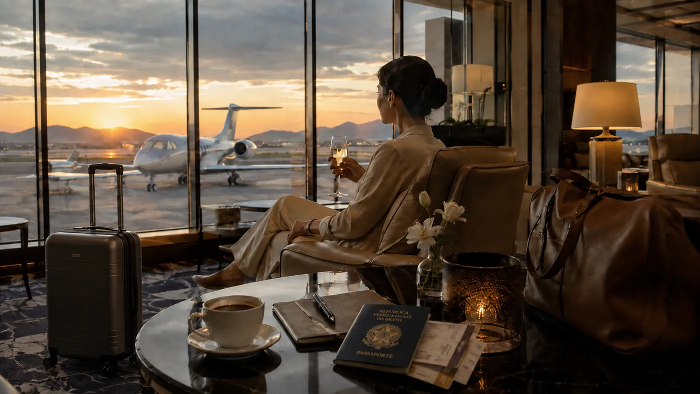 Executiva em lounge VIP de aeroporto ao entardecer, com jato na pista e passaporte sobre a mesa